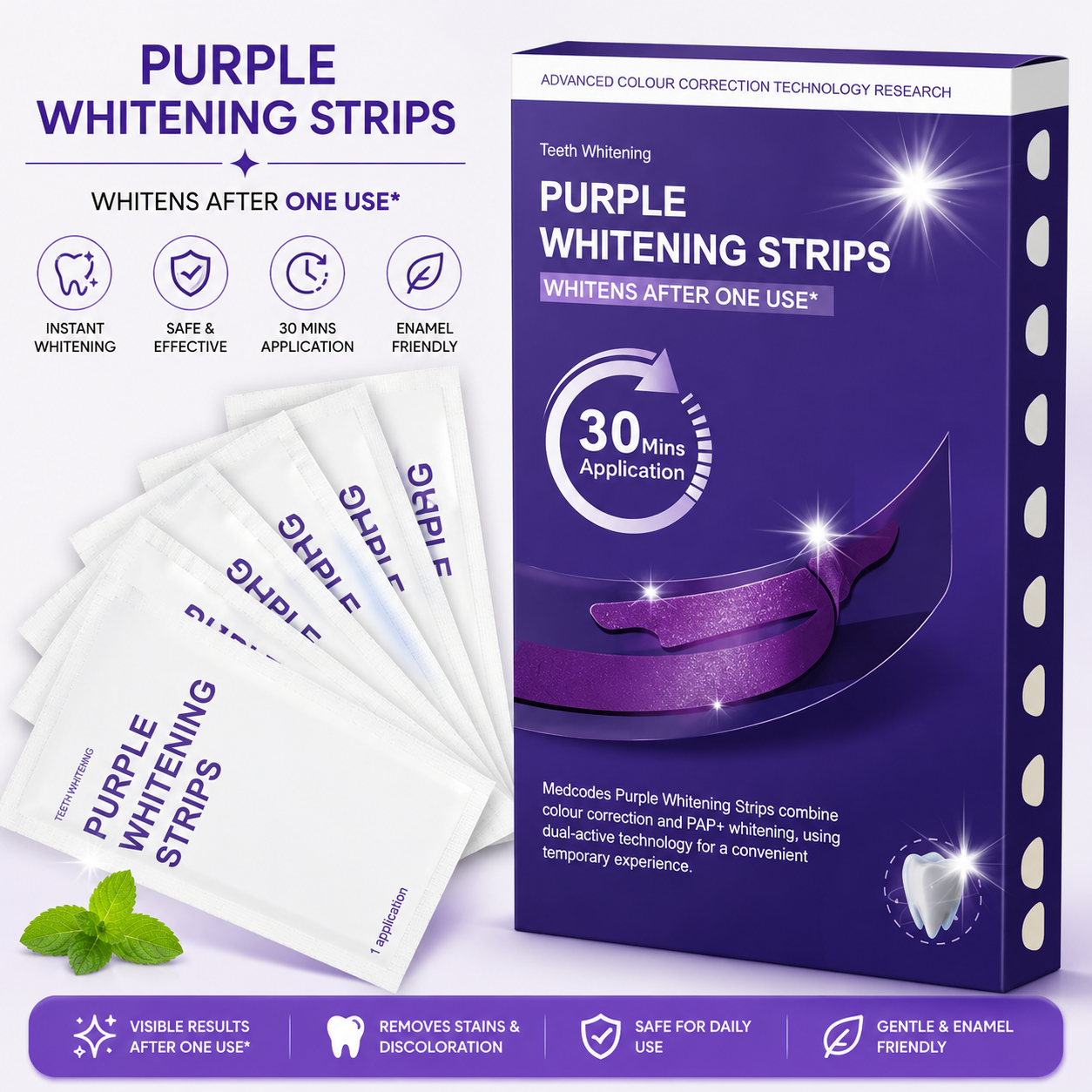 Purple Teeth Whitening Strips – Enamel Safe Whitening Kit for a Brighter Smile (14-Day Treatment)